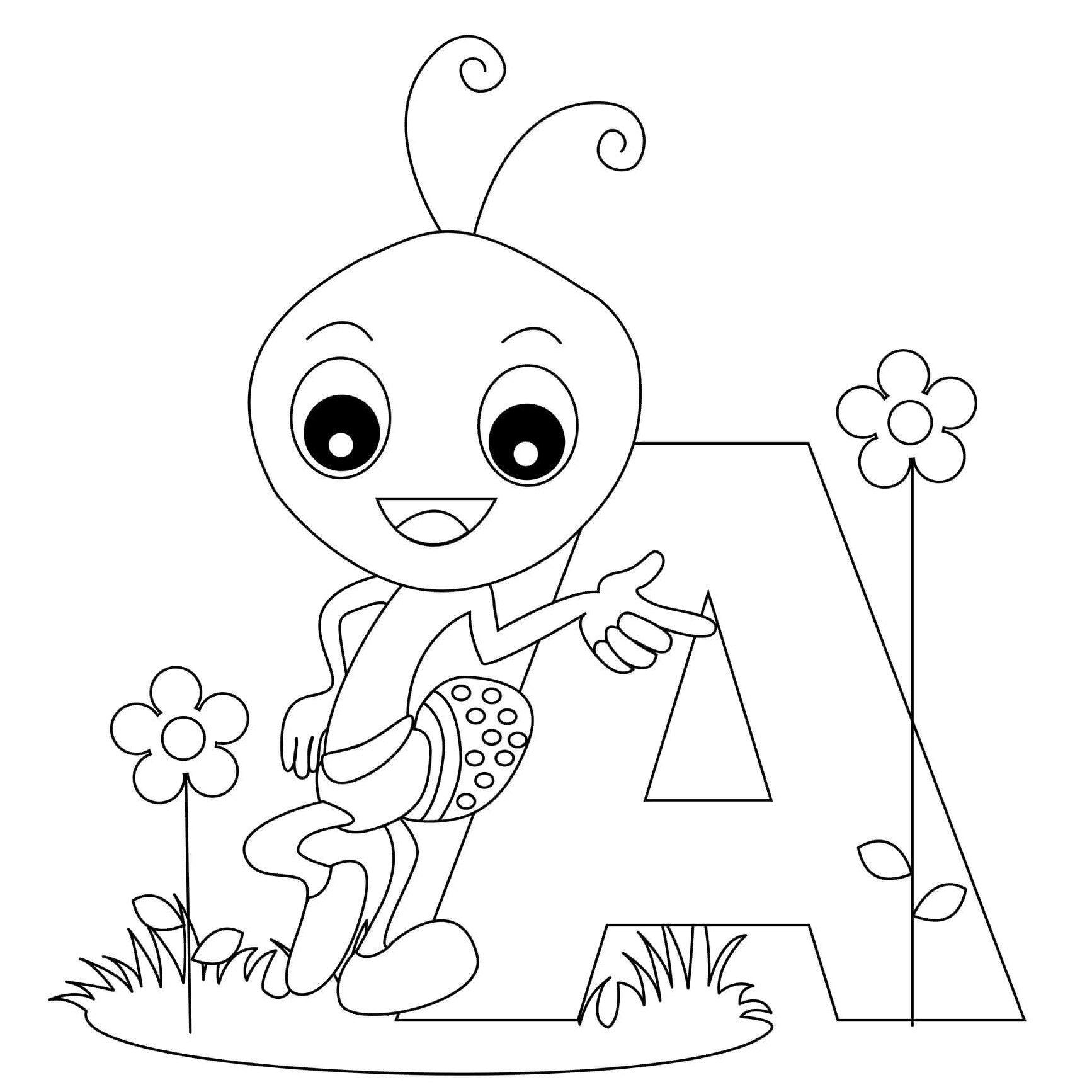 Ant Having Fun with the Letter A Coloring Page
