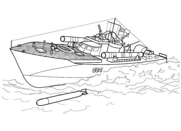 Military Ship Engaging Enemy Vessels Coloring Page
