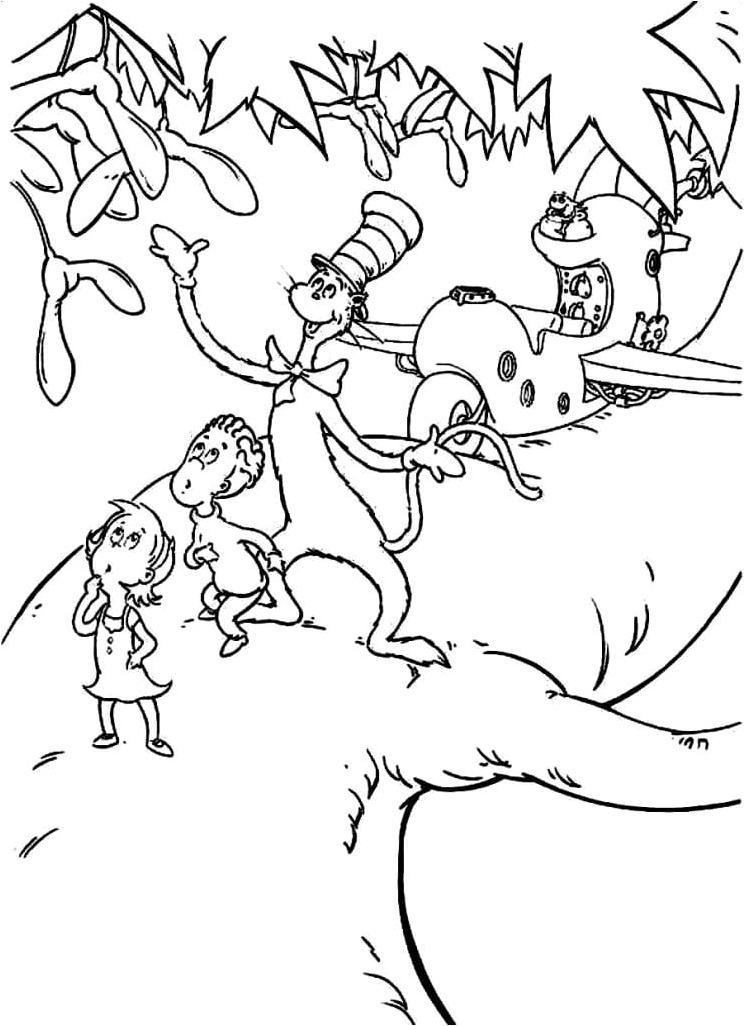 Cat and Kids in the Hat Coloring Page