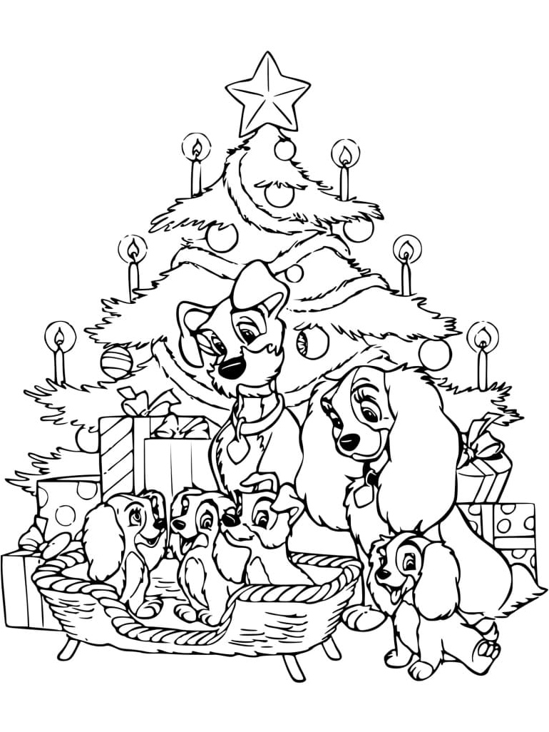 Lady and the Tramp Next to the Christmas Tree Coloring Page