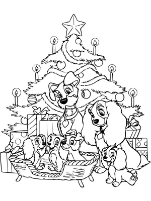 Lady and the Tramp Next to the Christmas Tree Coloring Page
