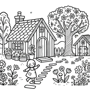 Girl and Cottagecore Village Coloring Page