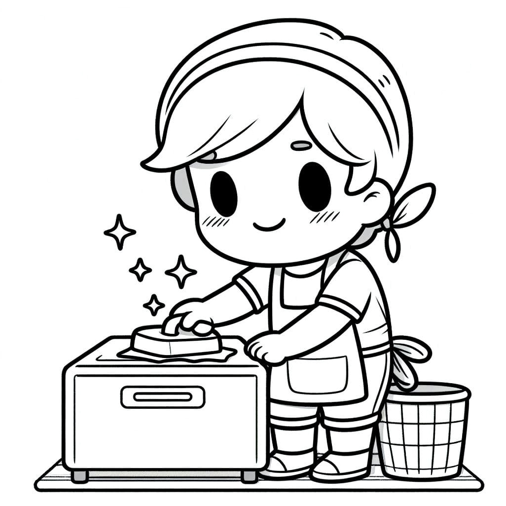 Boy Engaged in Daily Housework Tasks Coloring Page