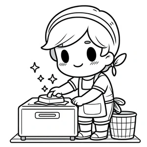 Boy Engaged in Daily Housework Tasks Coloring Page