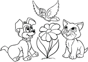 Dog, Cat, and Bird Coloring Page