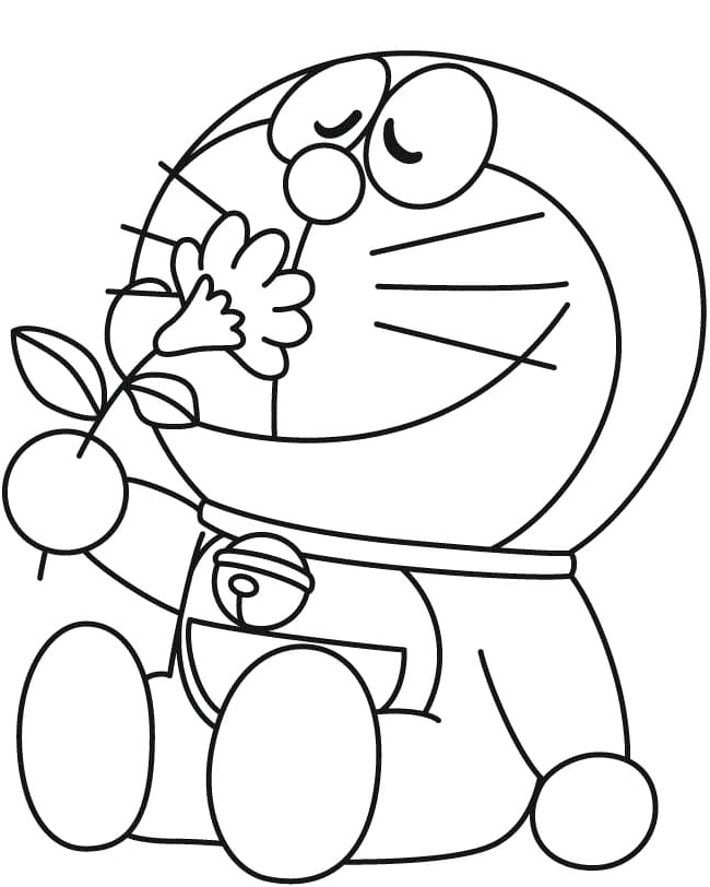 Doraemon with a Flower Coloring Page