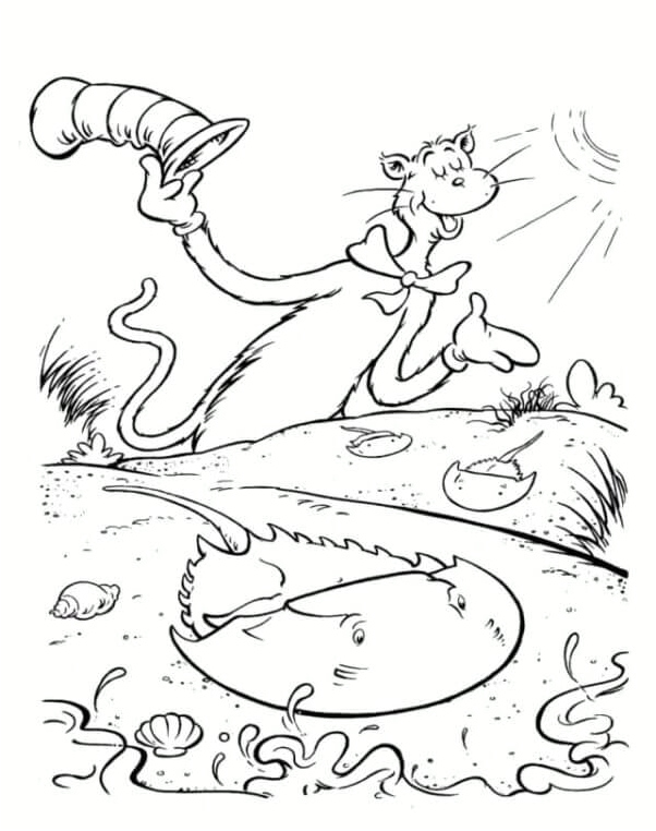 The Cat in the Hat with Ocean Creatures Coloring Page
