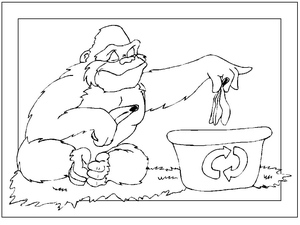 A gorilla is engaged in recycling.
