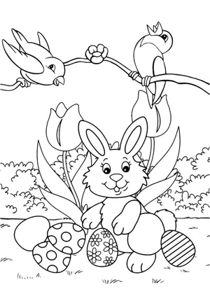 Bunny with Easter eggs and birds Coloring Page
