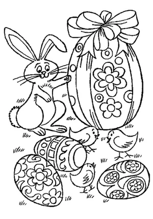 Easter Bunny Joins Chickens in Celebration Coloring Page