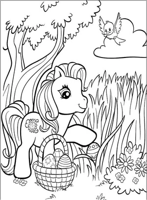 Easter Pony with Basket Coloring Page