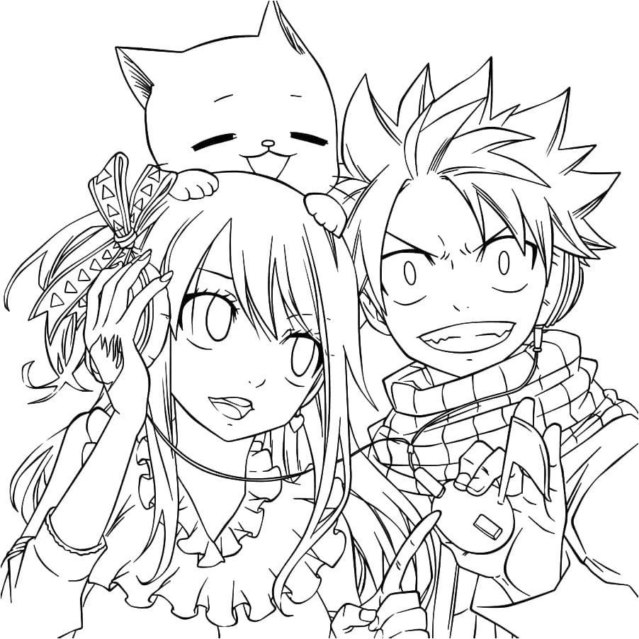 Lucy, Natsu, and Happy Coloring Page