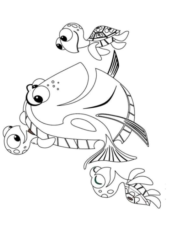Playful Turtles and Dory Fish Coloring Page