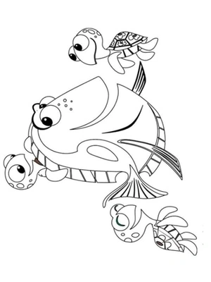 Playful Turtles and Dory Fish Coloring Page