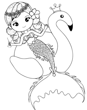 Flamingo and Mermaid - Flamingo and Mermaid Coloring Page