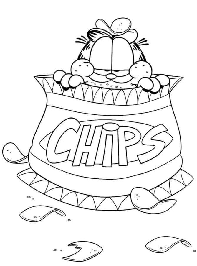 Garfield enjoys snacking on chips. Coloring Page
