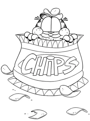 Garfield enjoys snacking on chips. Coloring Page