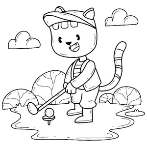 Adorable Cat Playing Golf Coloring Page