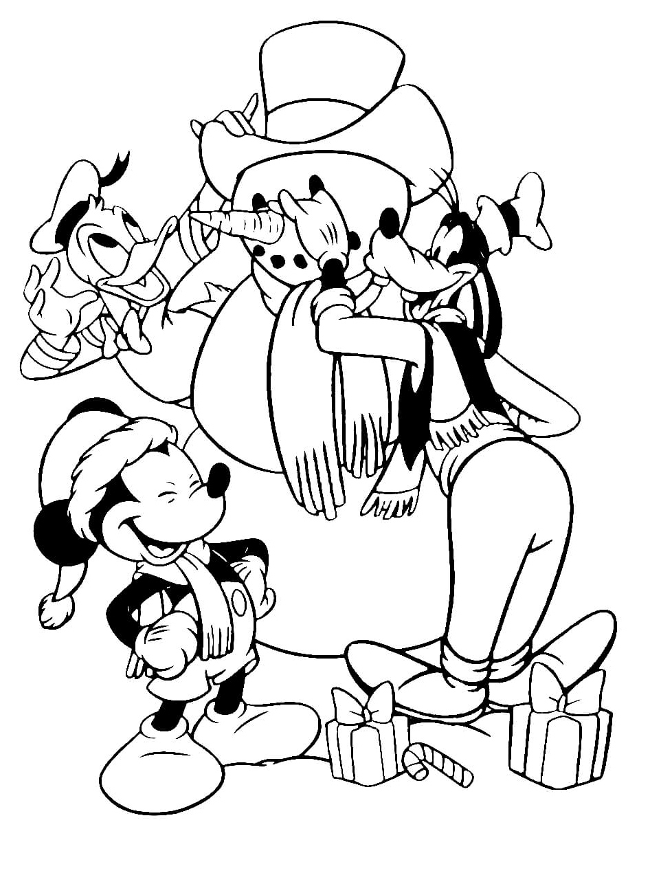 Goofy and Friends having fun in the snow while building a snowman Coloring Page