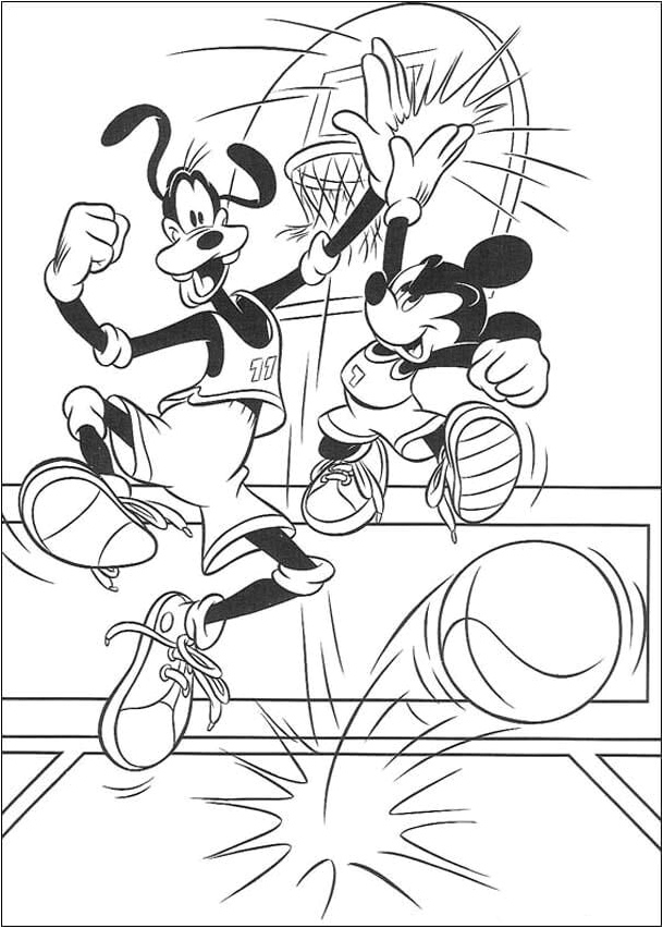 Goofy and Mickey Mouse Playing Basketball Coloring Page