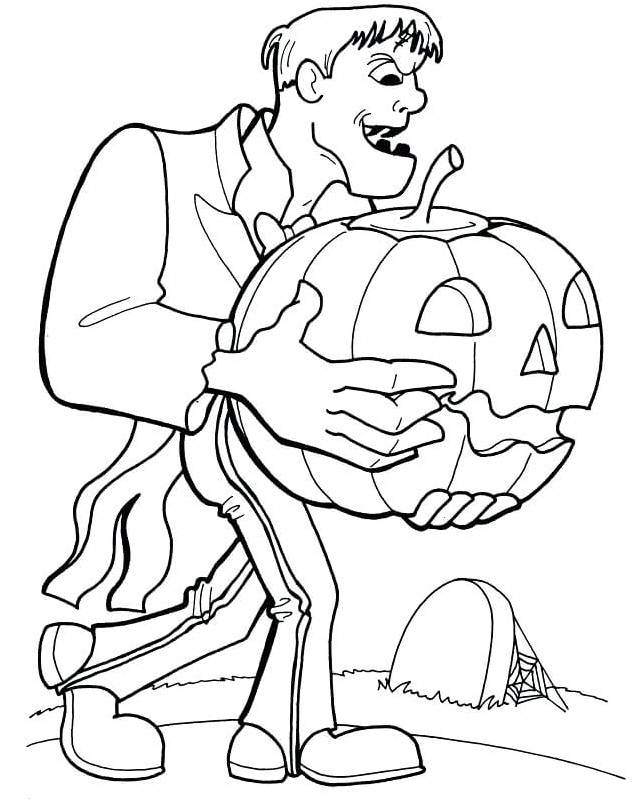 Frankenstein with a Pumpkin Coloring Page