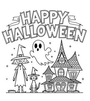 Halloween themed coloring page showcasing festive decorations and symbols