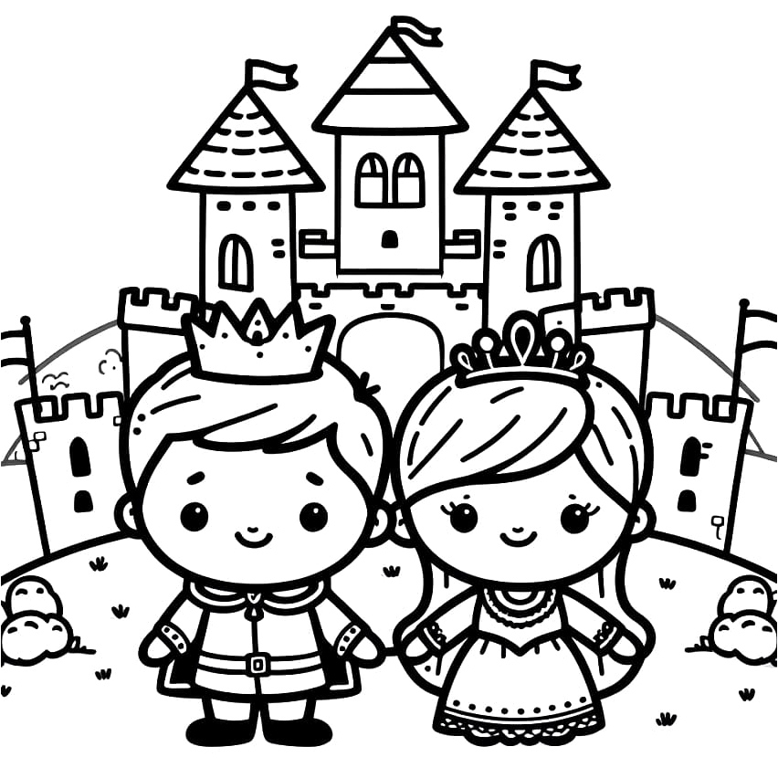 Adorable King and Queen with a Castle Coloring Page