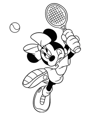 Minnie attempting to strike the tennis ball Coloring Page