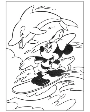 Minnie Mouse Enjoying Surfing with a Playful Dolphin Coloring Page