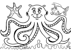 Happy Octopus Surrounded by Starfish and Fish