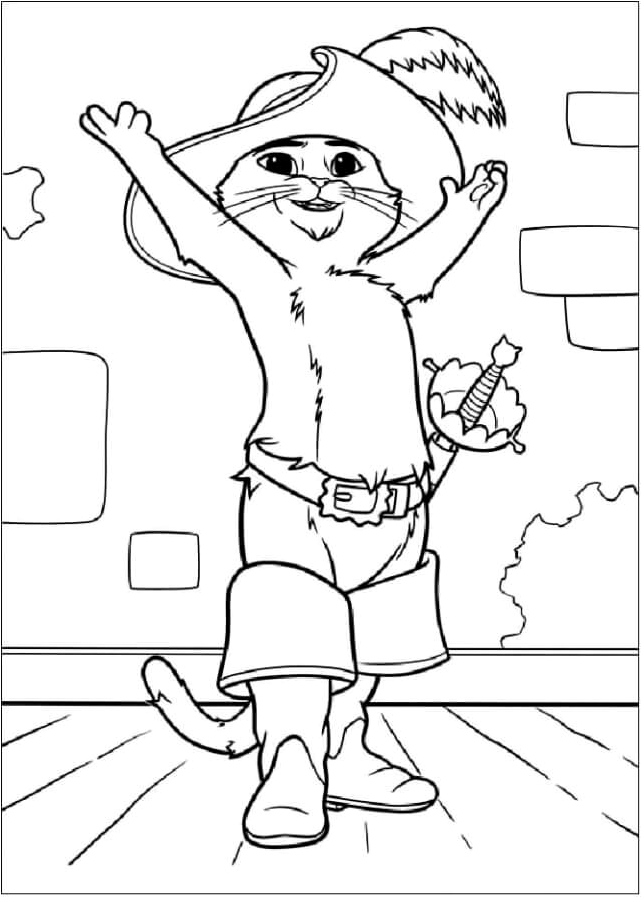 Cheerful Kitty in Boots Coloring Page
