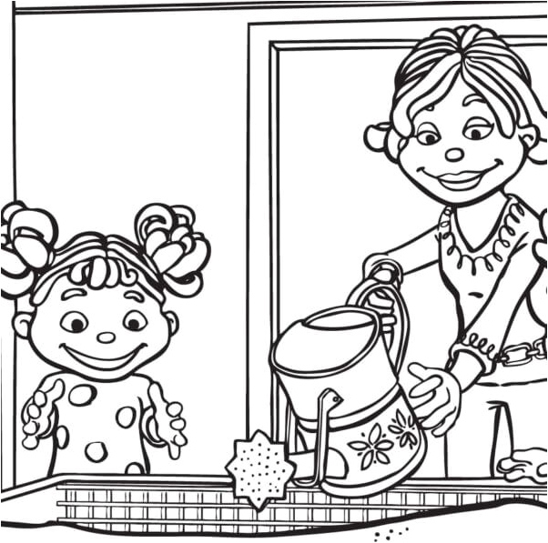Mother Teaching Her Daughter How to Grow Flowers Coloring Page