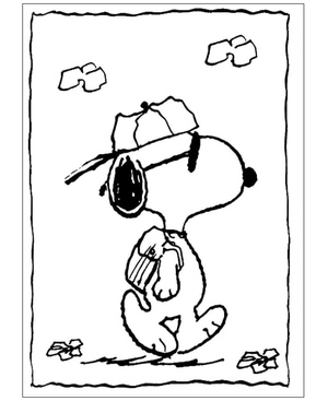 Snoopy wearing a cap and glasses on a stroll