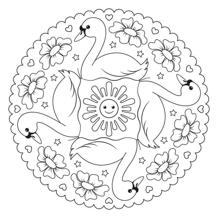 Mandala of Four Swans Coloring Page