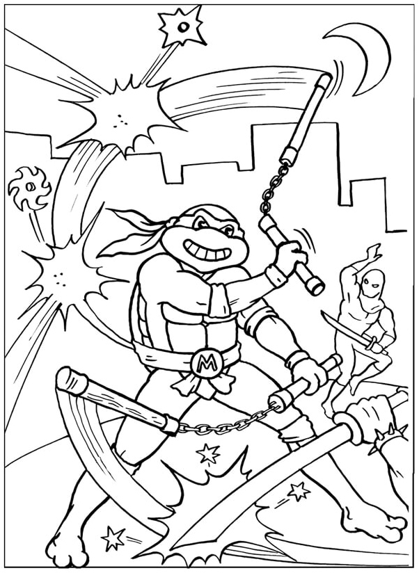 Mike Fends off Enemies' Attacks Coloring Page