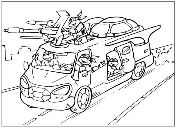 Turtles Going for a Ride in a Customized Van Coloring Page