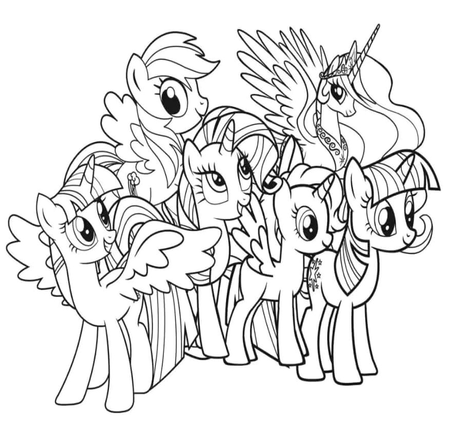 Six Unicorns Coloring Page