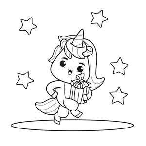 Unicorn Holding a Gift Box Surrounded by Stars Coloring Page
