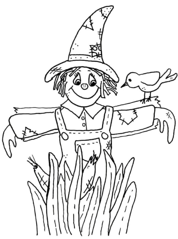 Scary Scarecrow Deters Birds Coloring Page