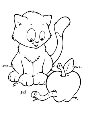 Cat with Worm in Apple Coloring Page